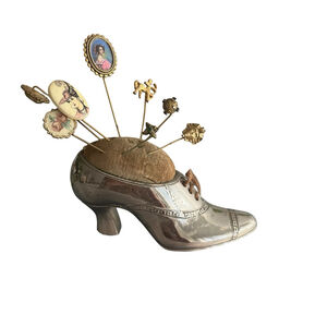 Antique Silver Coloured Metal Shoe Pin Cushion Victorian Era With Cameo Pins!